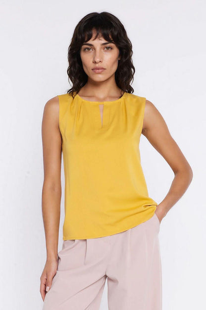 Nife sleeveless blouse, yellow with keyhole neckline and draped front