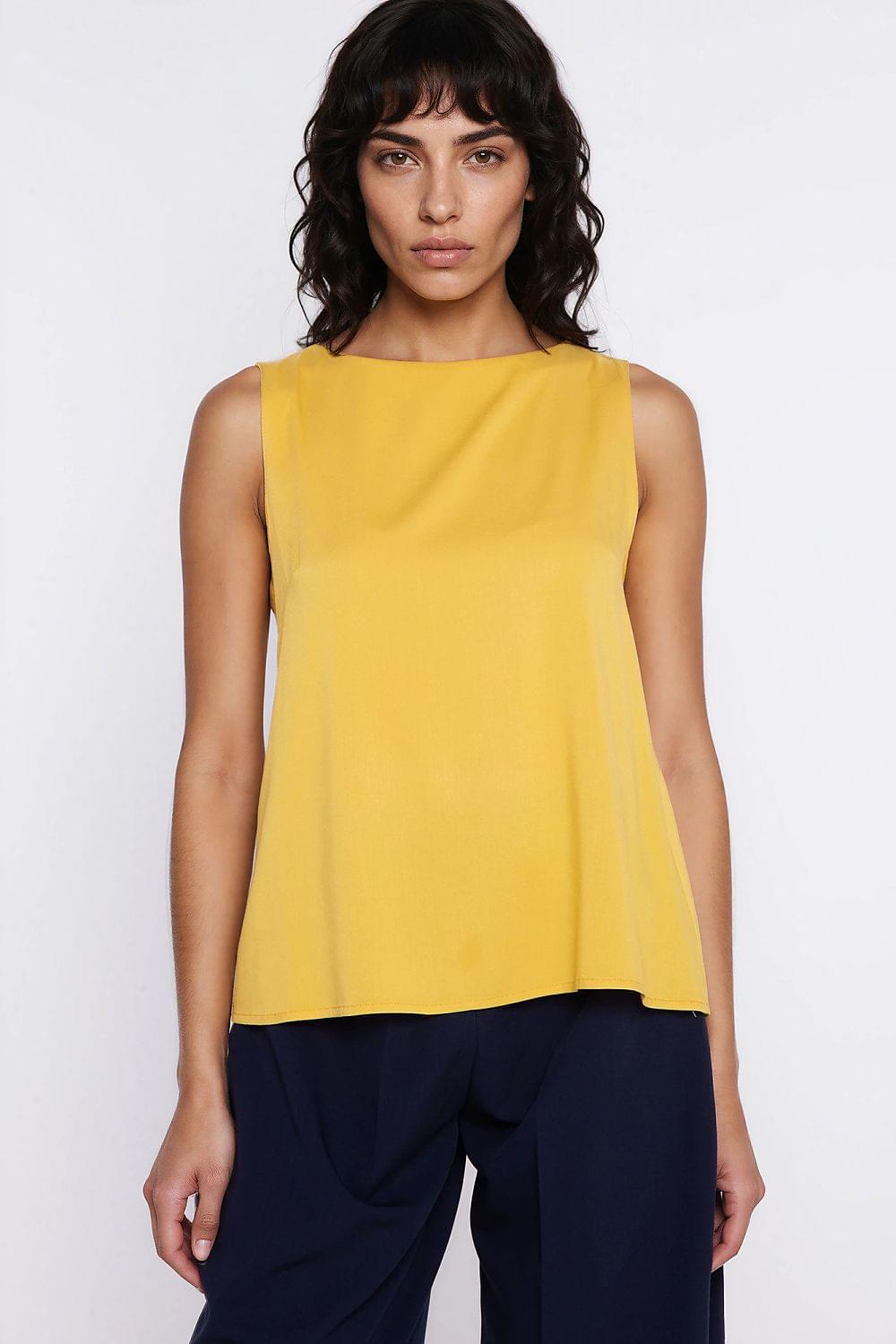 Yellow sleeveless blouse with round neckline and straight hem