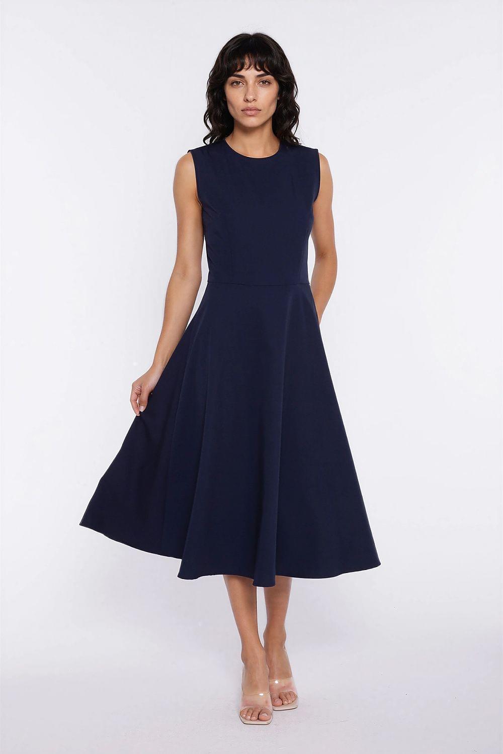 Navy blue sleeveless midi daydress with round neckline and flared skirt