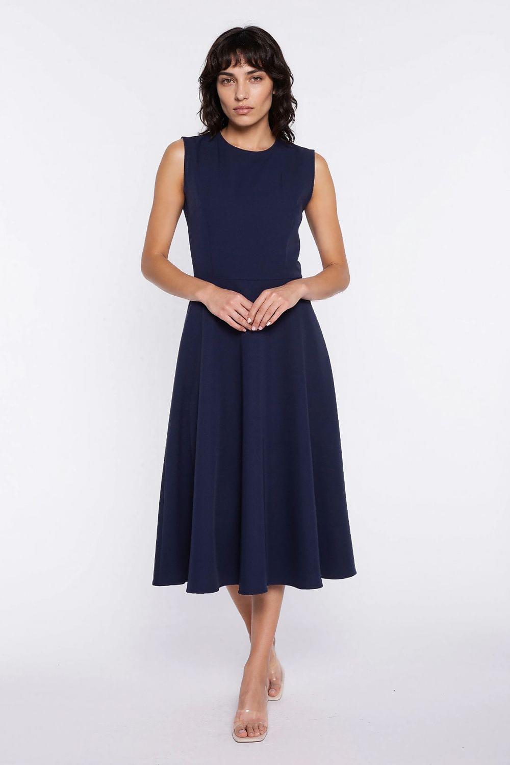 Navy sleeveless midi day dress with round neckline, fitted waist, and flared skirt