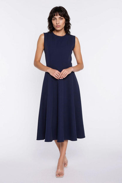 Navy sleeveless midi day dress with round neckline, fitted waist, and flared skirt