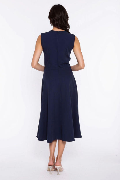 Navy sleeveless midi day dress, open back, fitted waist, flared skirt