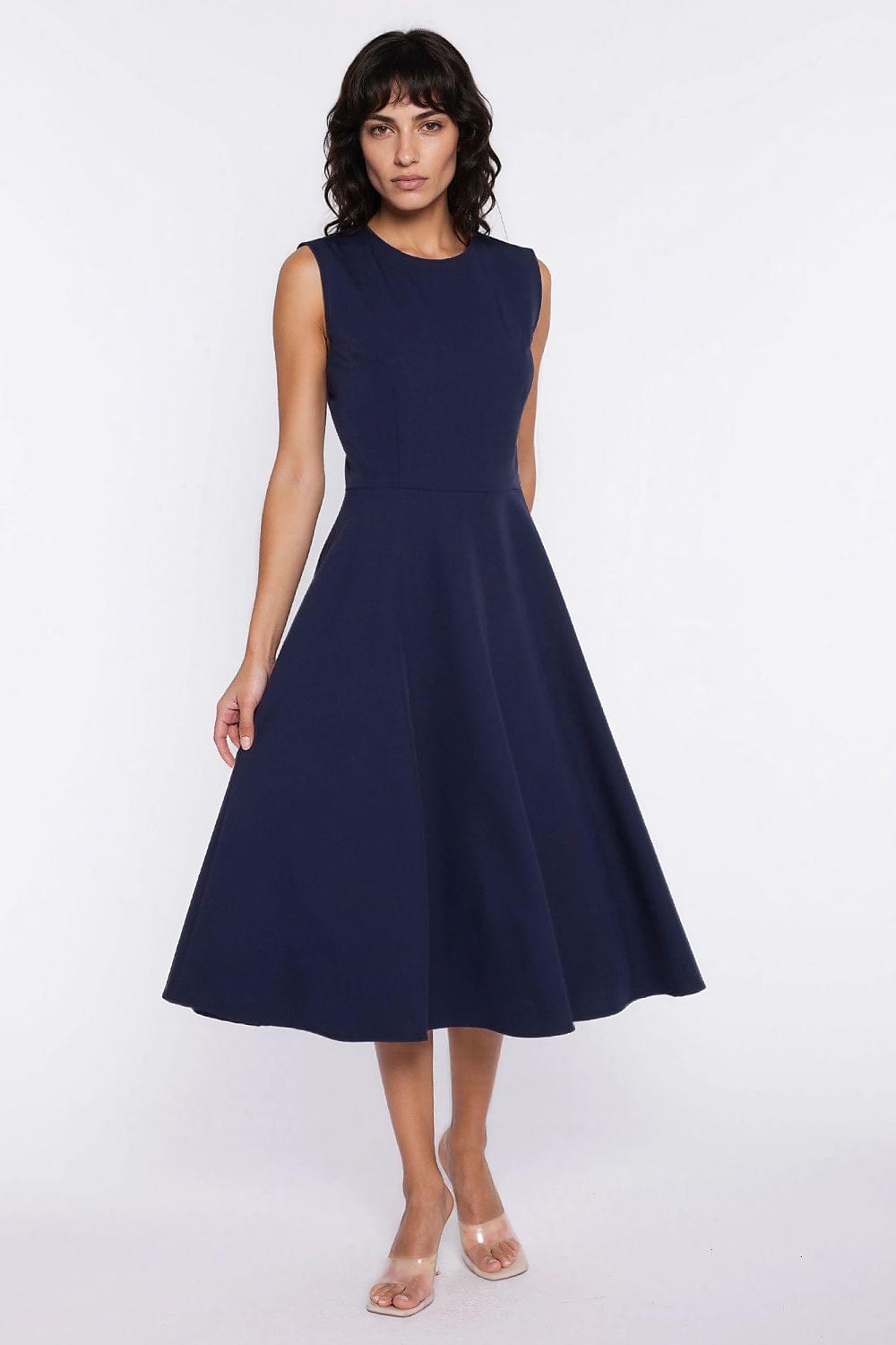 Navy sleeveless midi day dress with round neckline and flared skirt