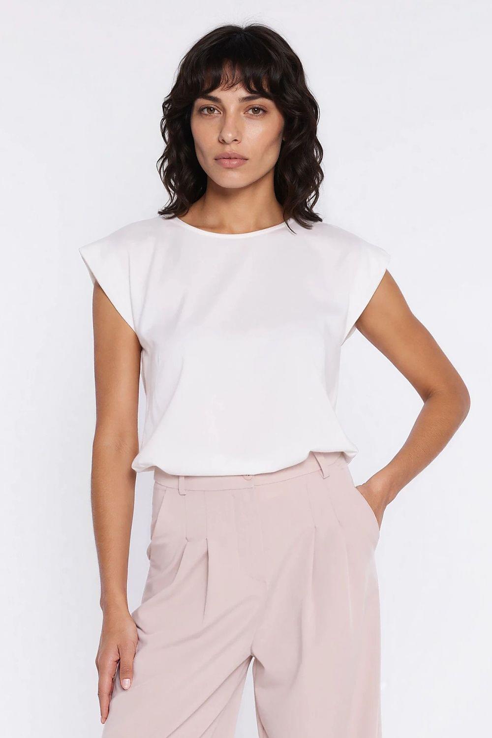 Nife blouse, white with short sleeves and draped shoulder details