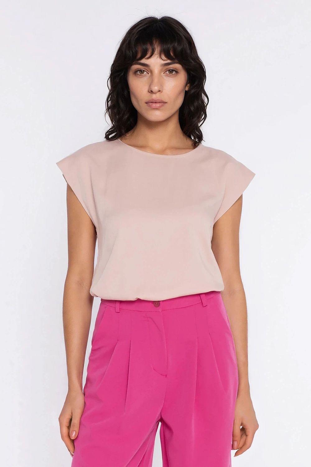Beige short-sleeve blouse with draped shoulders and round neckline