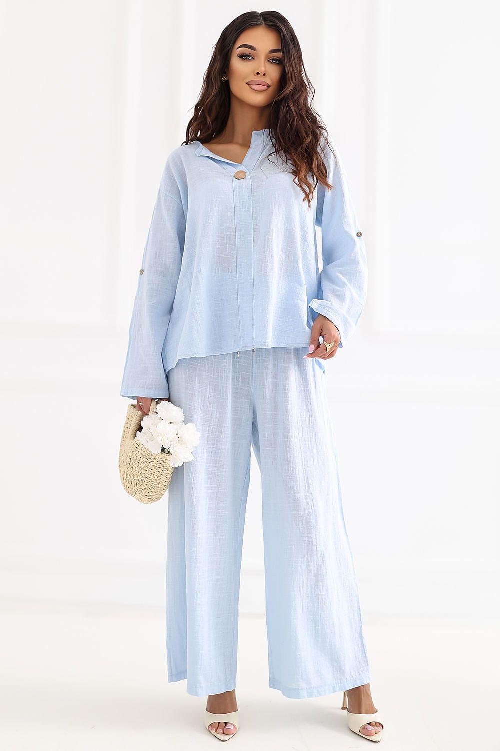 Women’s light blue wide-leg trousers with long relaxed legs and stitched hems