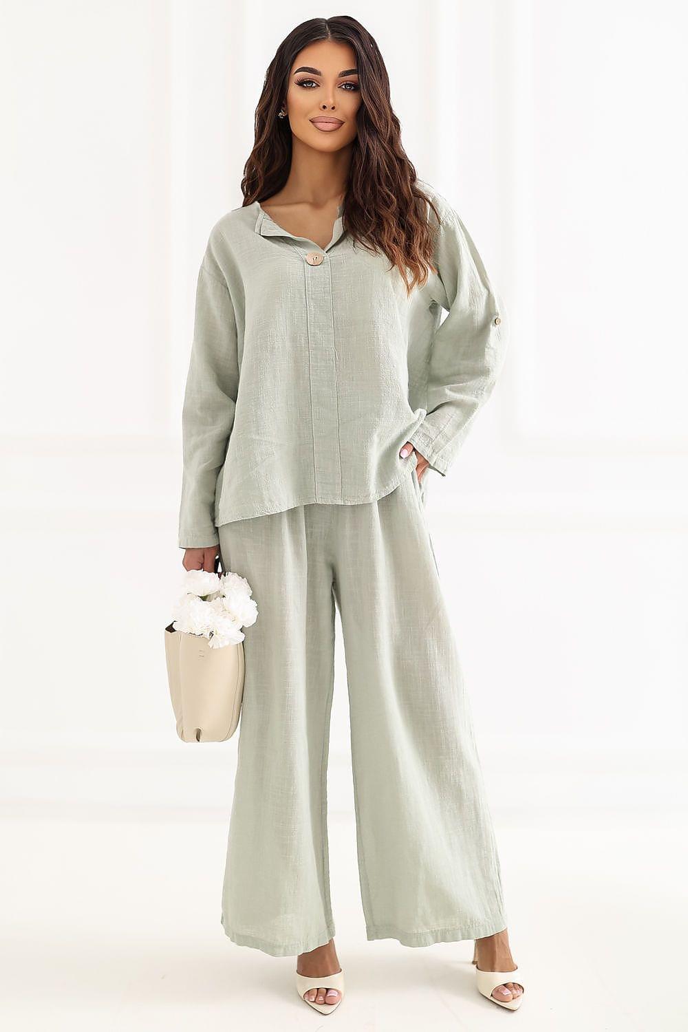 Women’s sage green wide-leg trousers with front closure and stitched hems