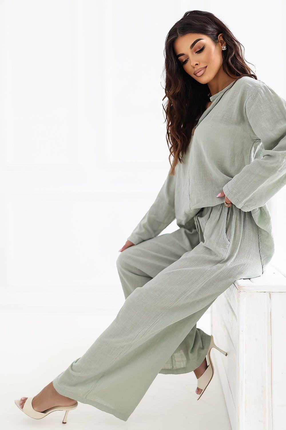 Women’s sage green wide-leg trousers with relaxed straight legs and side seams