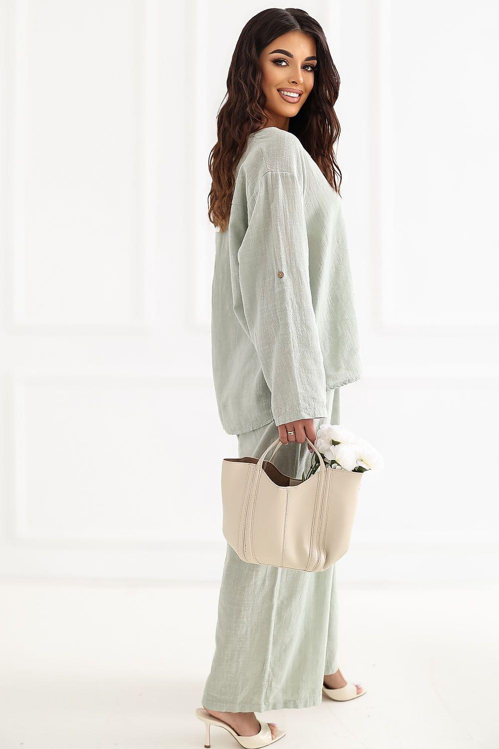 Women’s sage green wide-leg trousers with long straight fit and stitched hems