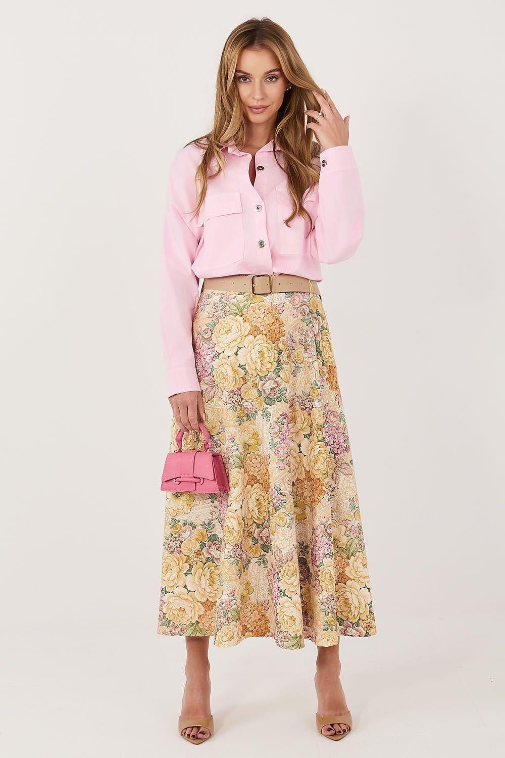 Floral midi skirt with yellow base, pink and green blooms, A-line gathered waist