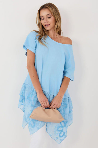 Light blue blouse with one-shoulder neckline, short sleeves, tiered lace ruffle hem