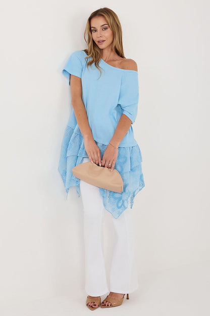 Light blue one-shoulder blouse with short sleeves and tiered lace ruffle hem