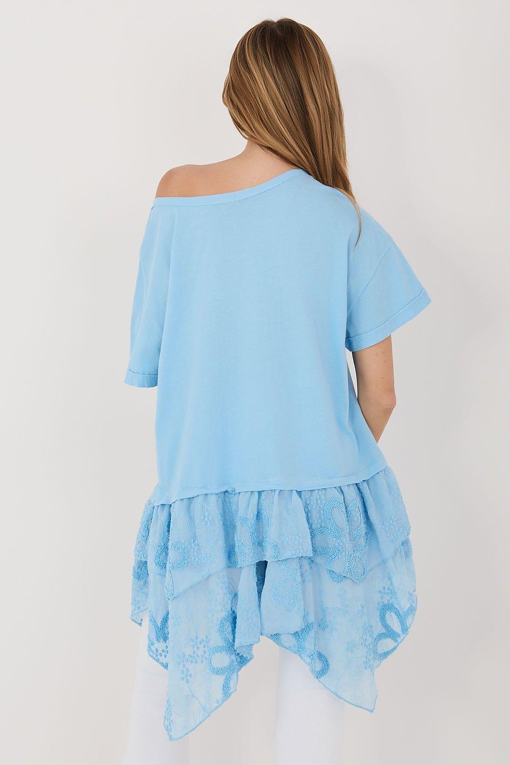 Light blue blouse back view with one-shoulder cut and tiered lace ruffle hem