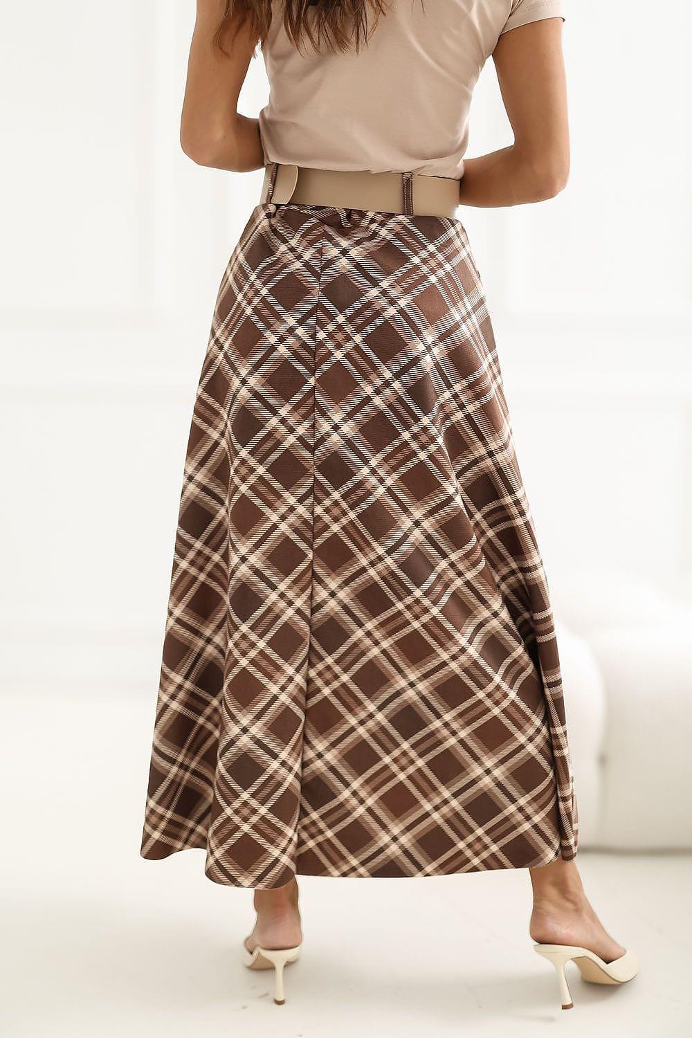 Long plaid skirt with wide waistband and belt in dark brown and beige