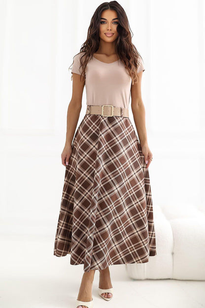 Long plaid skirt with belt and wide waistband in dark brown plaid pattern