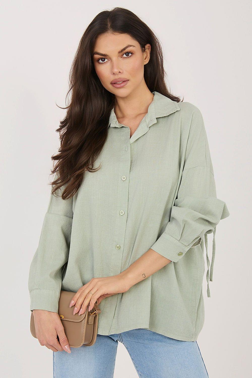 Sage green long sleeve button-up shirt with collar and cuffed sleeves
