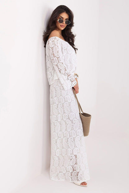 White off-shoulder lace maxi blouse with long sleeves, textured floral detail
