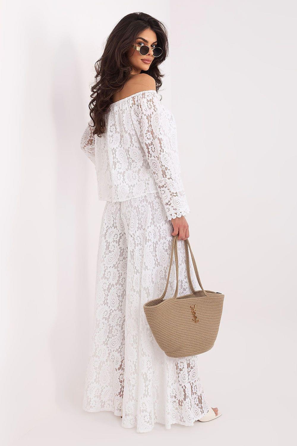 White off-shoulder lace blouse, long sleeves, embroidered look and tiered hem