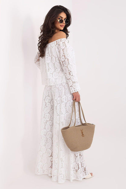 White off-shoulder lace blouse, long sleeves, embroidered look and tiered hem