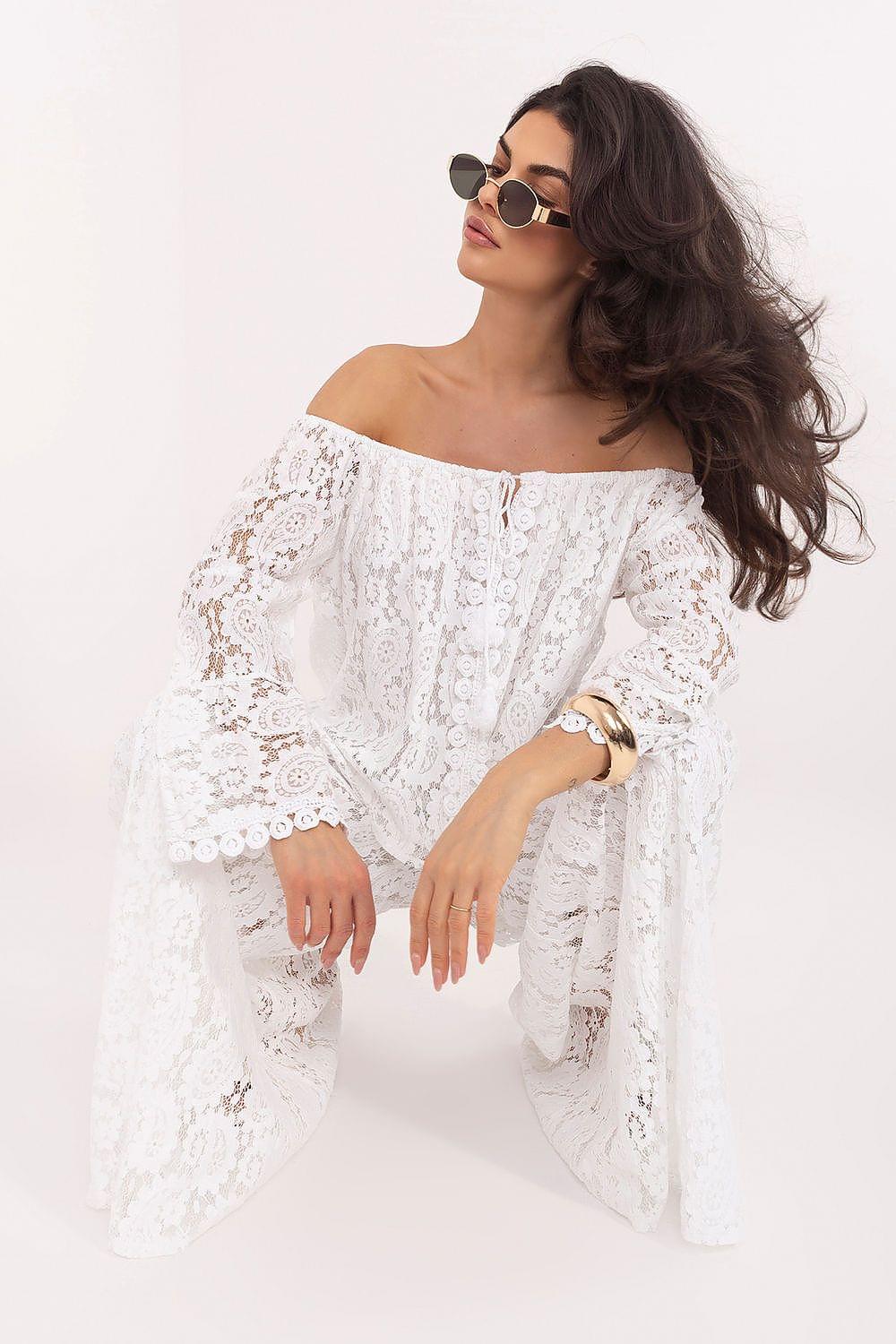 White off-shoulder lace blouse with long sleeves, gathered neckline and ruffled cuffs