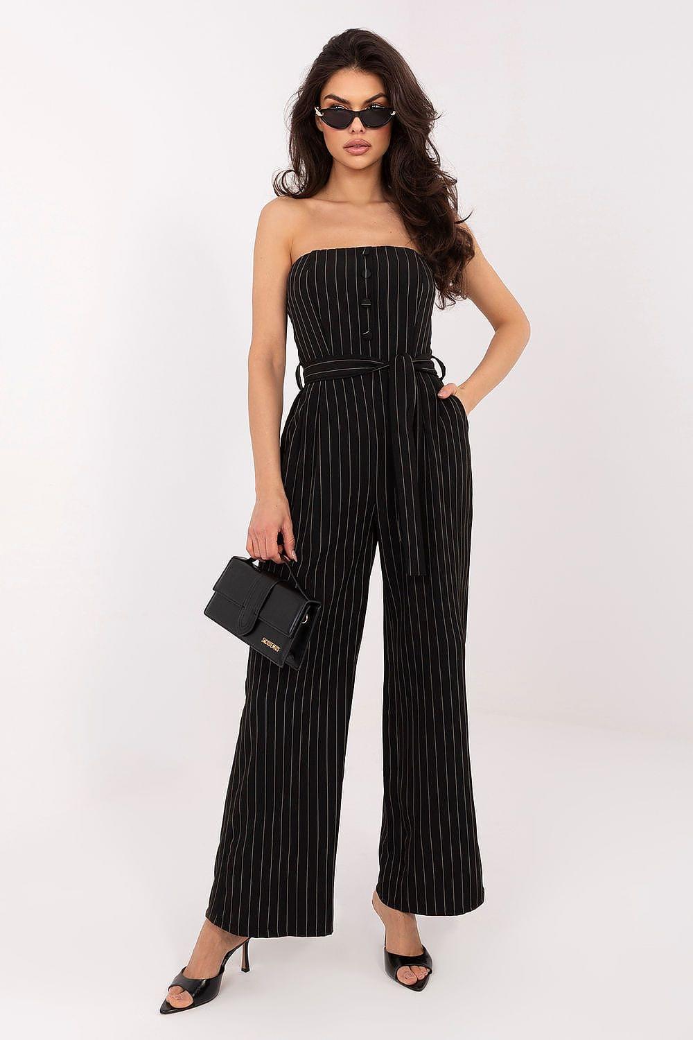 Women’s strapless wide-leg jumpsuit in black with vertical pinstripes and waist tie