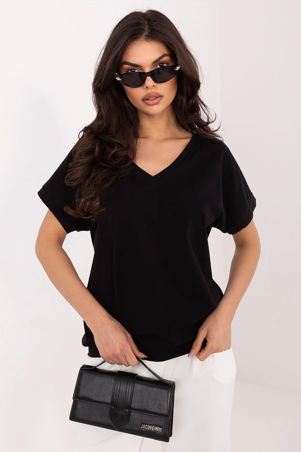 Black V-neck blouse with short sleeves