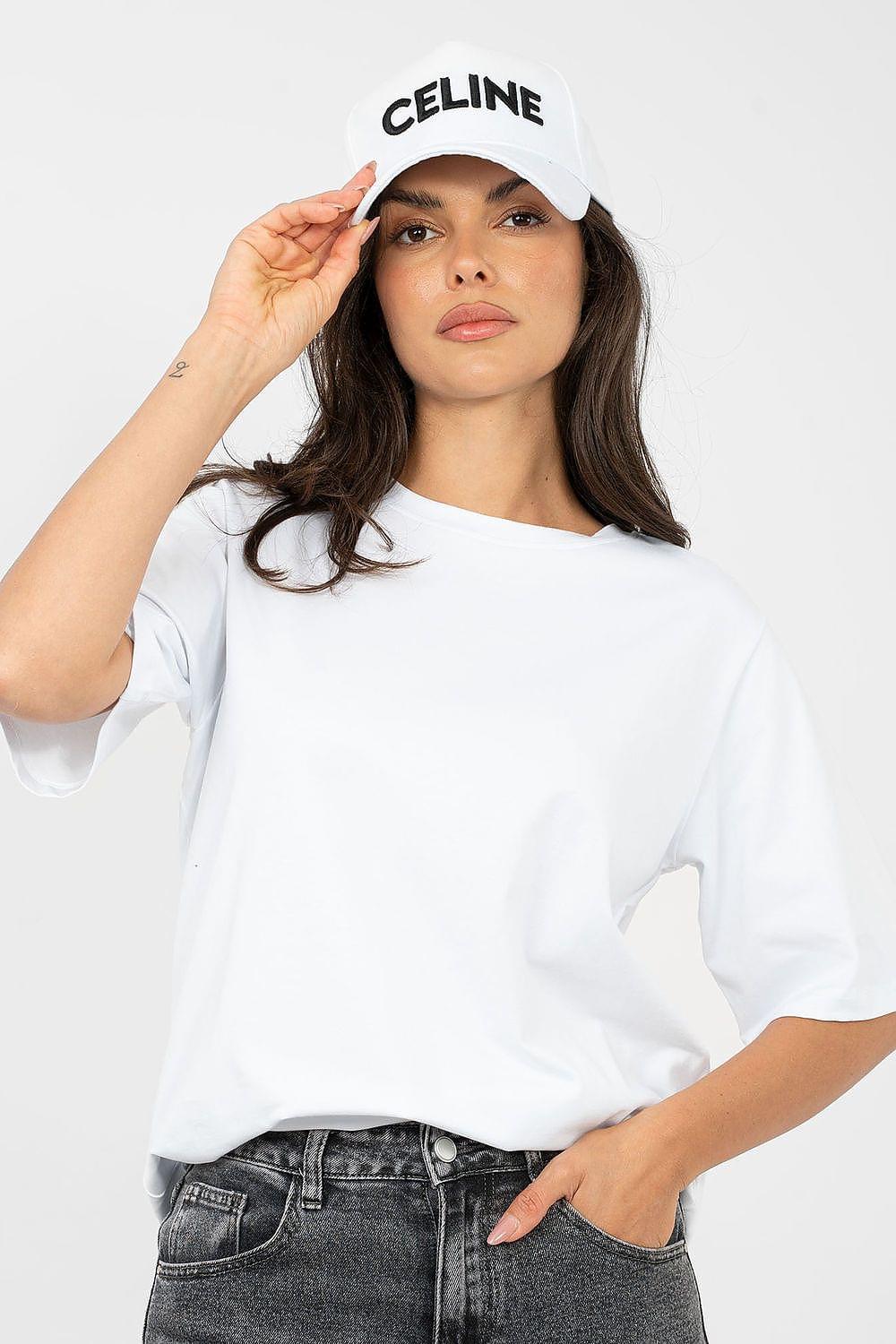 White crew-neck T-shirt with short sleeves, loose relaxed fit.