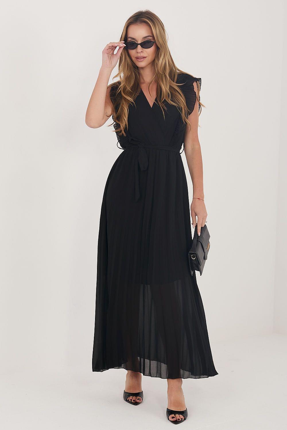 Black V-neck day dress with ruffle cap sleeves and gathered waist