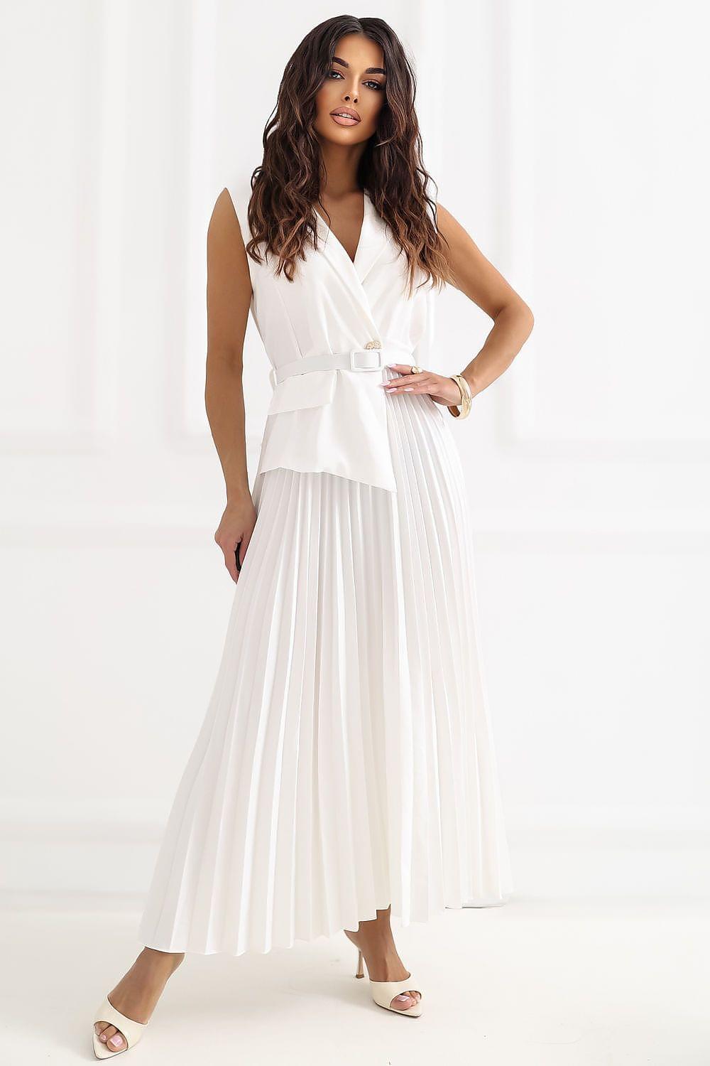 Pleated sleeveless V-neck daydress with waist belt, ankle-length, white