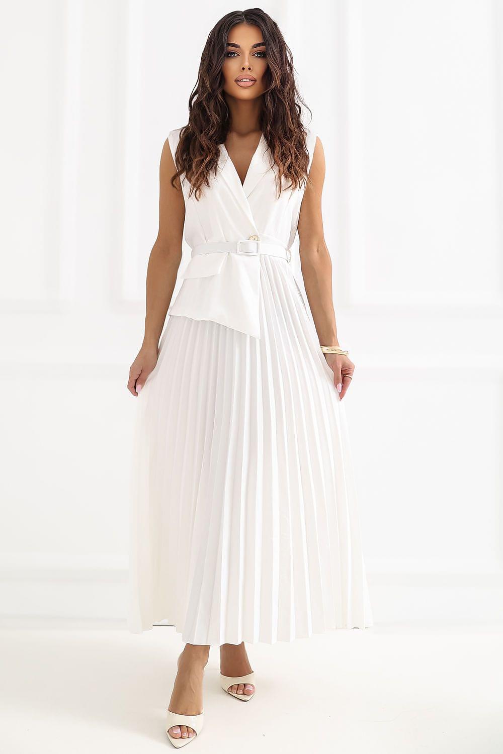 Pleated sleeveless V-neck daydress with waist belt, ankle-length, white