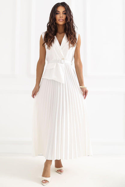 Pleated sleeveless V-neck daydress with waist belt, ankle-length, white