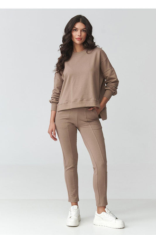 Taupe sweatshirt and matching slim jogger set with cuffs and elastic waistband