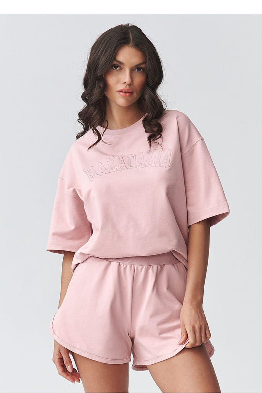 Pink women's short-sleeve T-shirt and matching drawstring shorts set