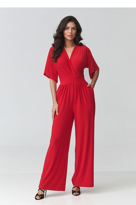 Red wide-leg V-neck jumpsuit with short sleeves and gathered waist tie detail