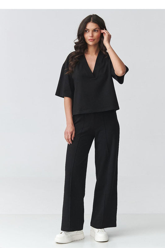 Black V-neck top and wide-leg pants set with short sleeves