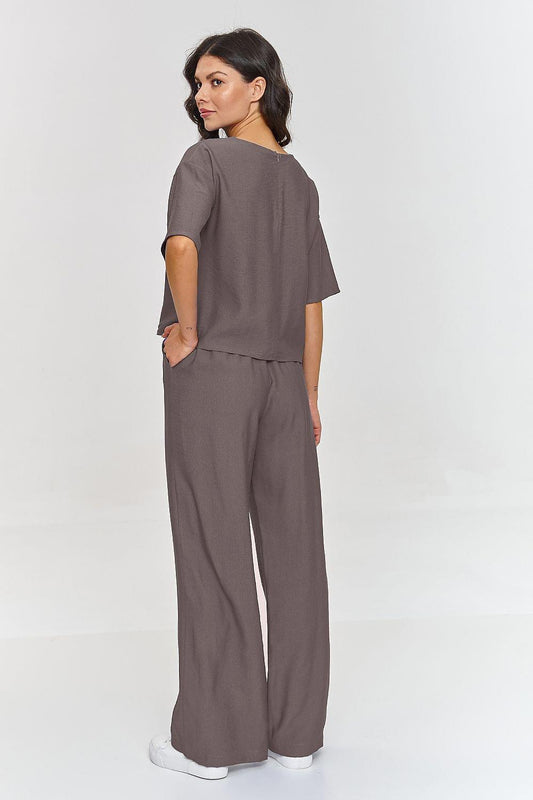 Two-piece set with short-sleeve cropped top and wide-leg trousers, dark gray, back view