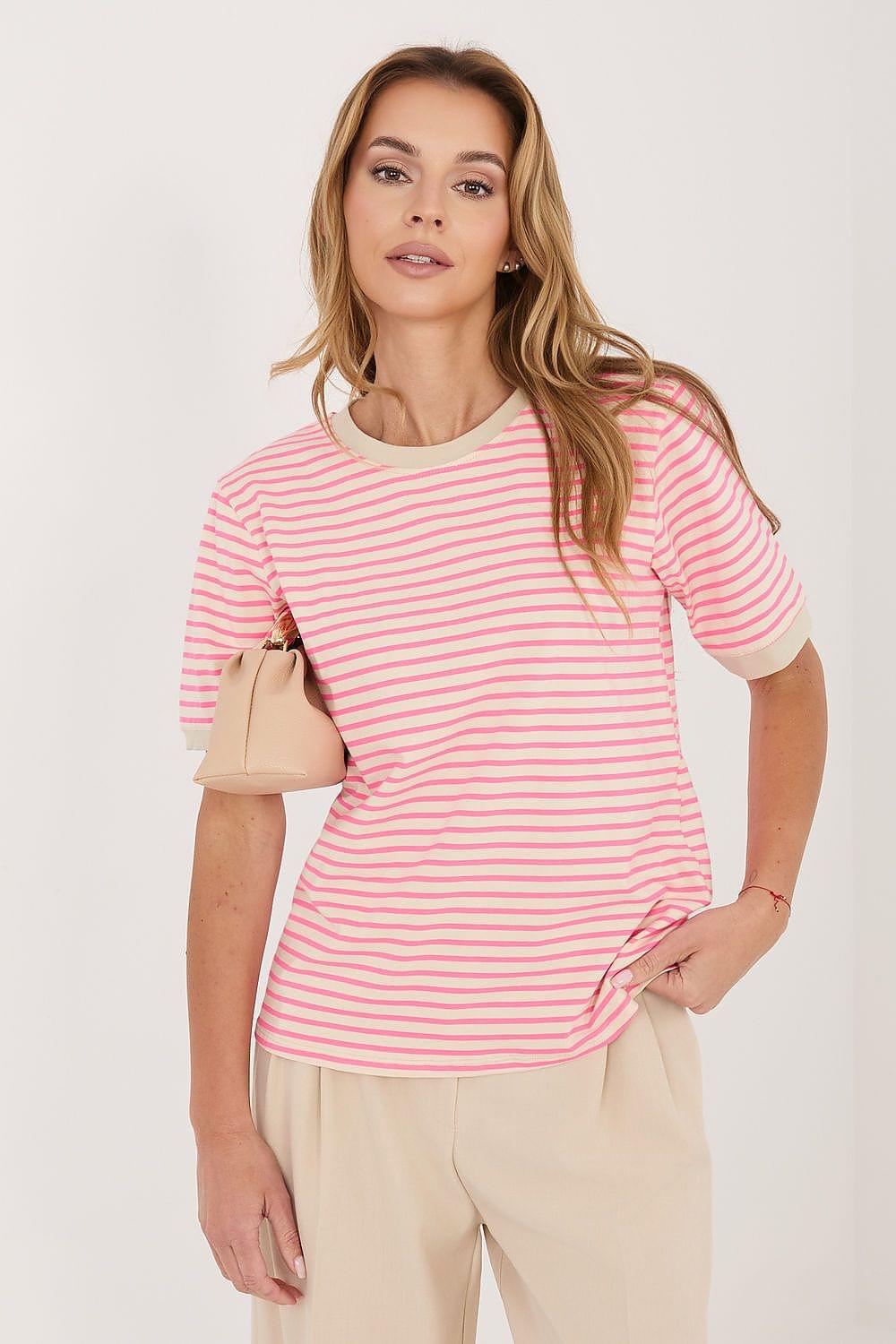Pink and white striped crew-neck T-shirt with short sleeves