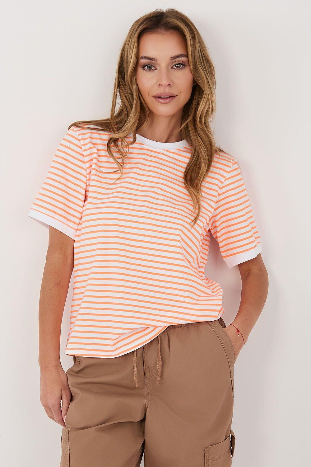 Orange-and-white striped T-shirt with short sleeves and crew neck