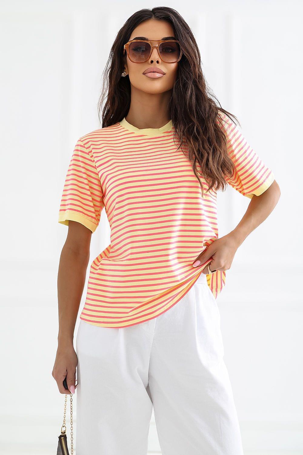 Yellow and orange striped T-shirt with short sleeves and crew neck
