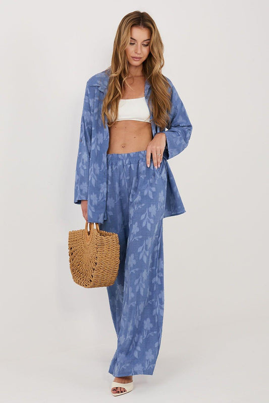 Blue floral print two-piece set: long-sleeve blazer and wide-leg pants