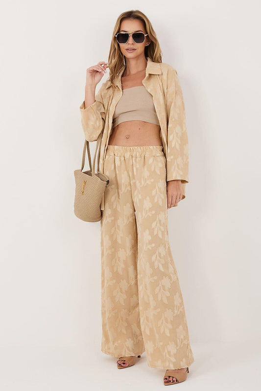 Beige 2-piece set with cropped top, open button jacket, and wide-leg pants