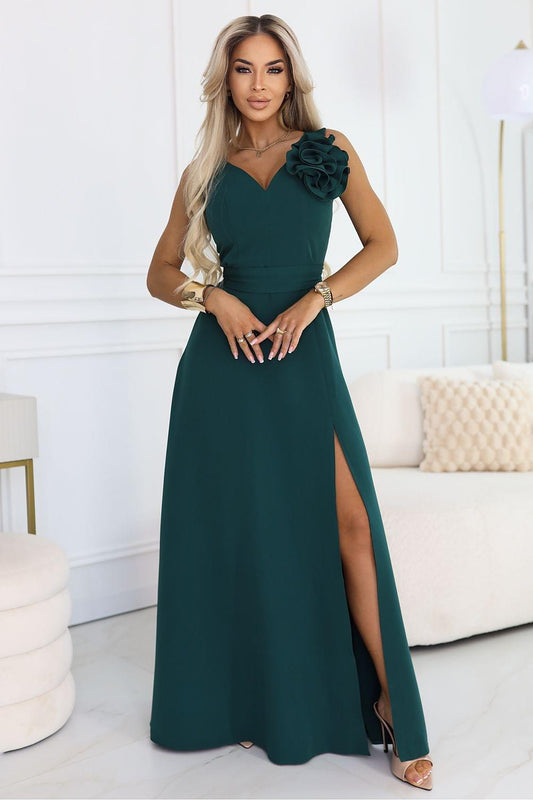 Green long dress with V-neck, fitted waist, side slit and dark rose shoulder detail