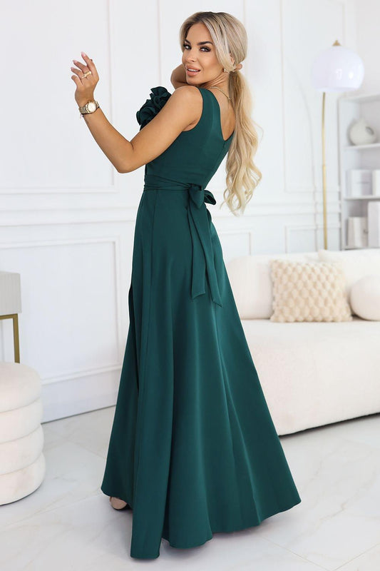 Dark green long dress with V-neck, flared skirt, waist tie and side slit