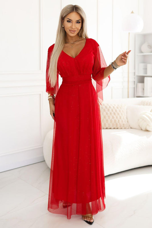 Numoco long red dress with V-neck and sheer sleeves
