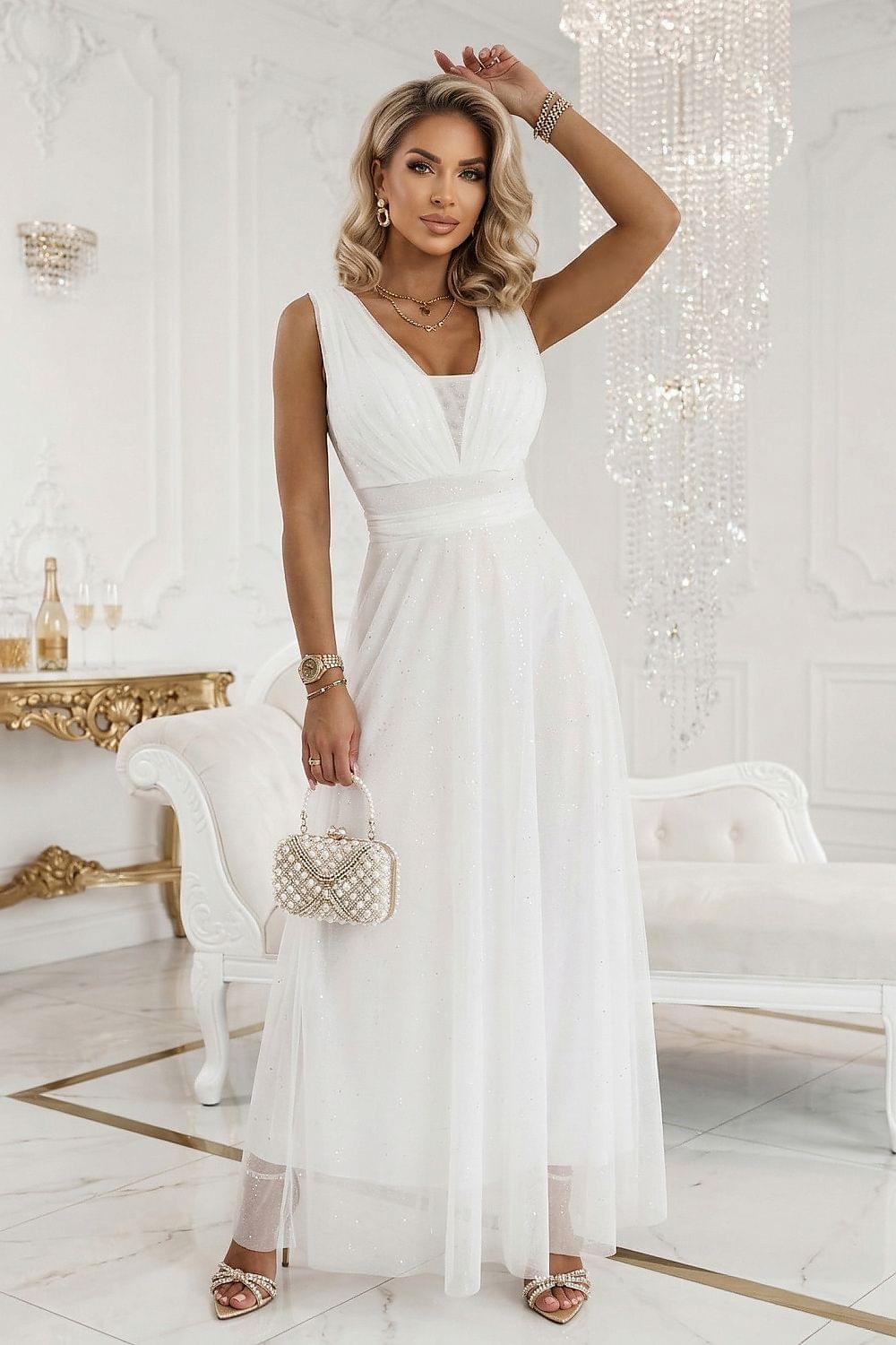 Long V-neck evening dress by Numoco, white with draped bodice and layered sheer skirt