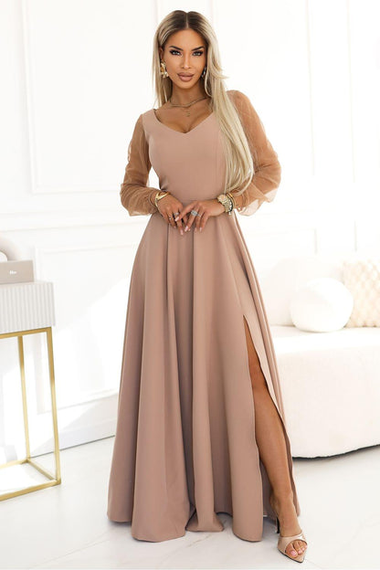 Numoco long dress in beige, V-neck, long sleeves, flared skirt, side slit.