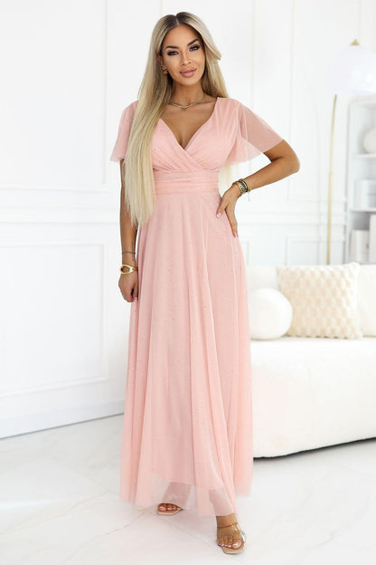 Blush pink V-neck long dress with short sleeves, draped bodice and flowing tulle hem
