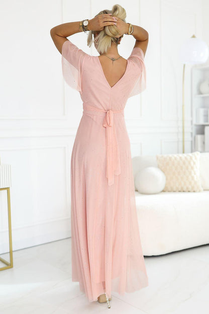 Blush pink V-neck long dress with short sleeves, tie waist and sheer layered skirt