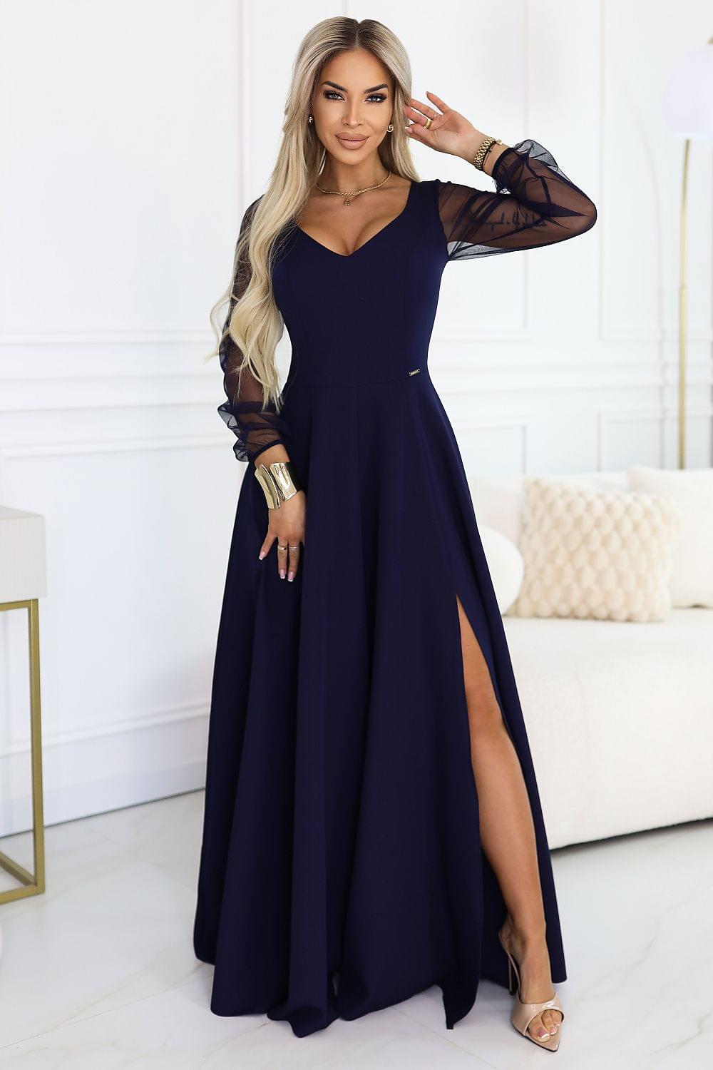 Numoco long dress in navy blue, V-neck, sheer long sleeves, flared skirt, side slit.