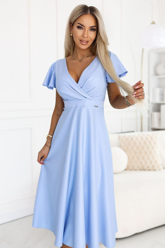 Light blue wrap V-neck cocktail dress with flutter sleeves and flared midi skirt